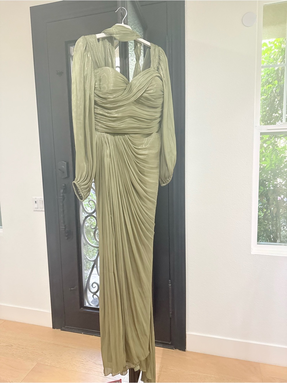 Olive Green Satin Dress with Lace-Up Back